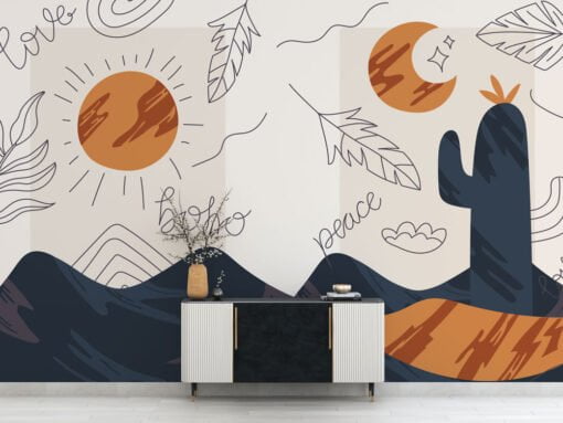 Bohemian Linear Sun and Moon Wallpaper Mural