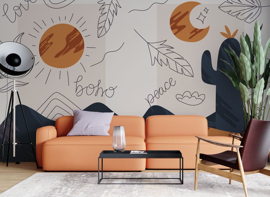 Bohemian Linear Sun and Moon Wallpaper Mural