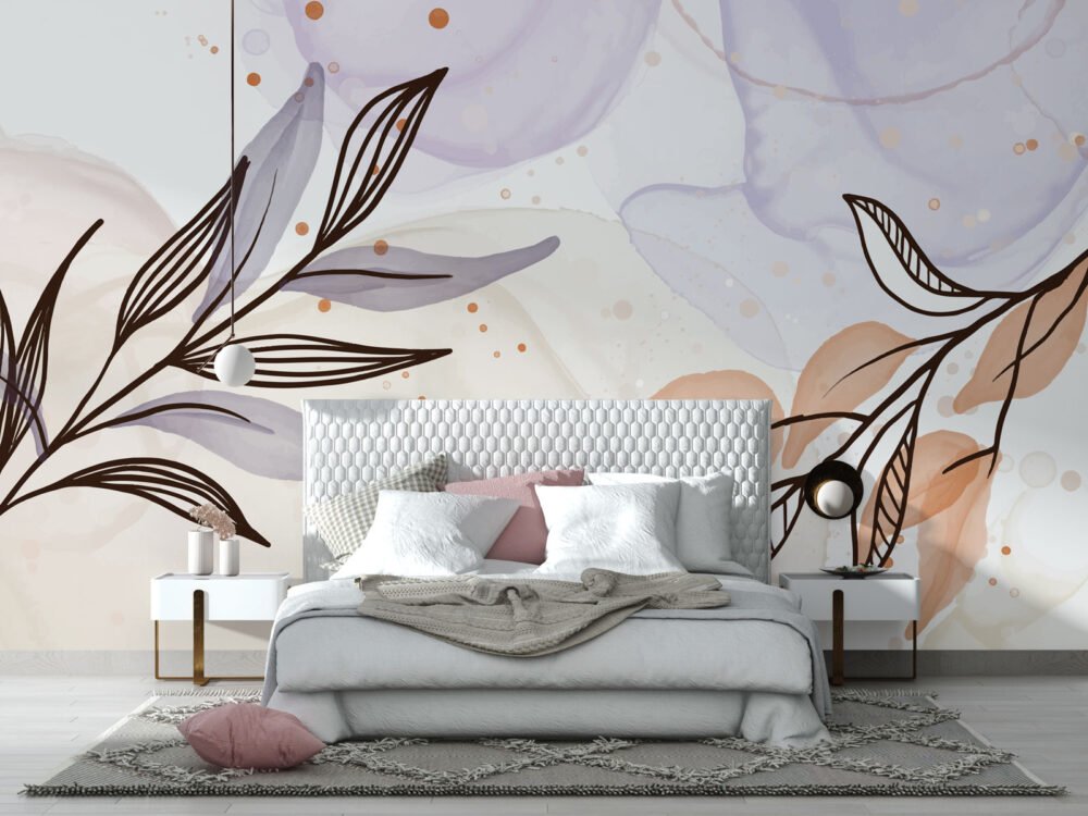 Linear Leaves Watercolor Effect Wallpaper Mural