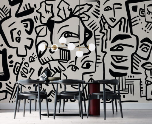 Linear Face Motifs Modern Wallpaper Mural