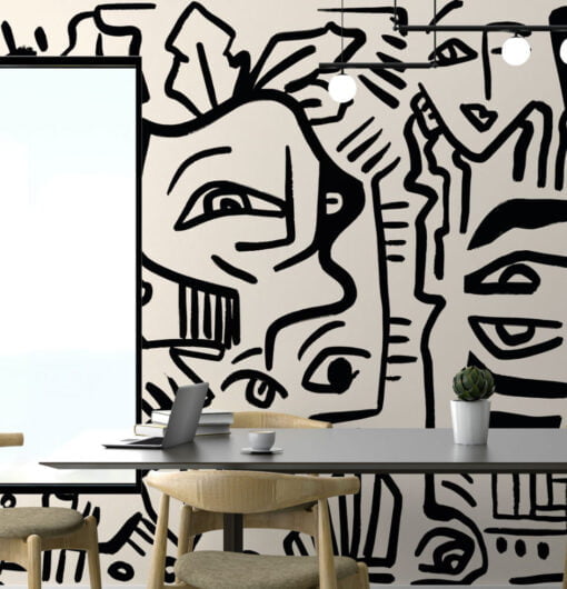 Linear Face Motifs Modern Wallpaper Mural