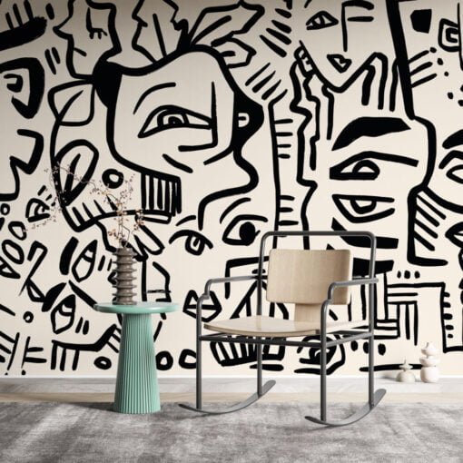 Linear Face Motifs Modern Wallpaper Mural