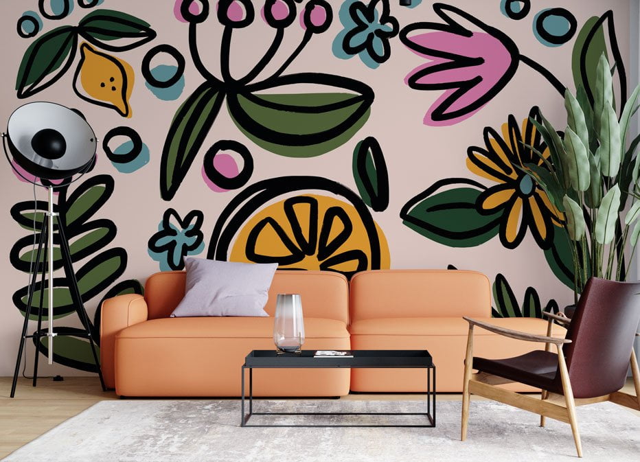 Orange and Big Flowers Color Wallpaper Mural