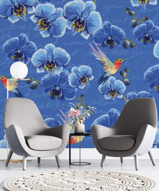Blue Flowers and Birds Wallpaper Mural