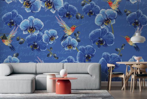 Blue Flowers and Birds Wallpaper Mural