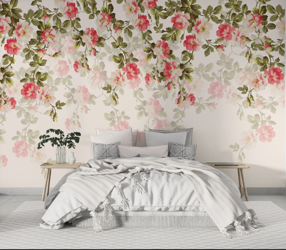 Pink Roses Hanging From Above Wallpaper Mural