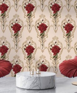 Baroque Pattern Red Roses Wallpaper Mural