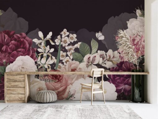 Colorful Roses Black Background Wallpaper Mural