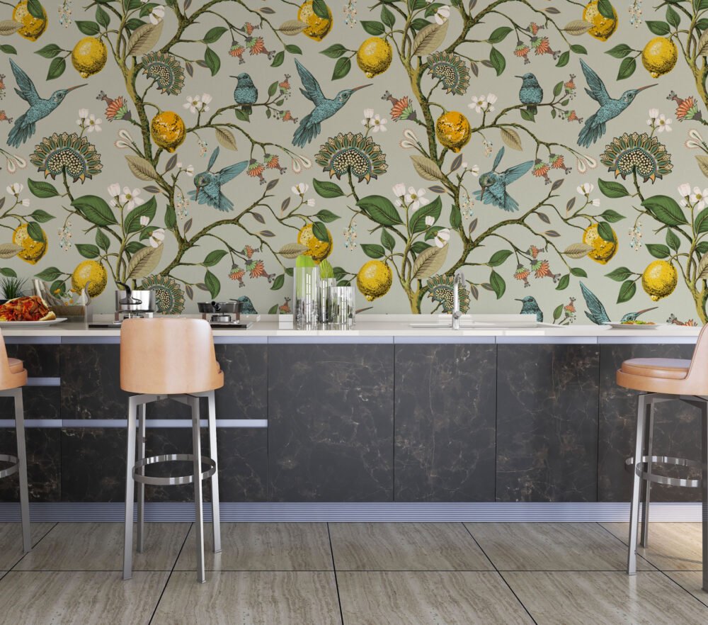 Blue Birds in a Lemon Tree Wallpaper Mural