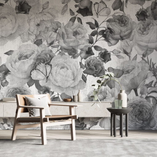 Black and White Textured Roses Wallpaper Mural