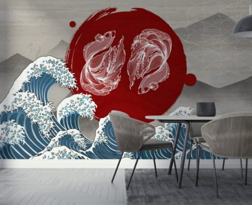 Waves and Koi Fish Pattern Wallpaper Mural