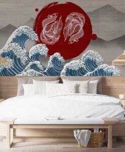 Waves and Koi Fish Pattern Wallpaper Mural