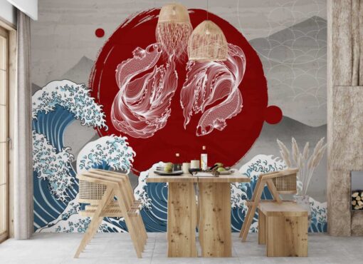 Waves and Koi Fish Pattern Wallpaper Mural