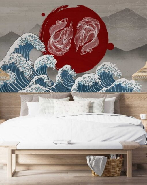 Waves and Koi Fish Pattern Wallpaper Mural