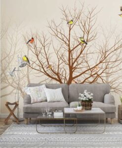 Trees and Birds in Sepia Tones Wallpaper Mural