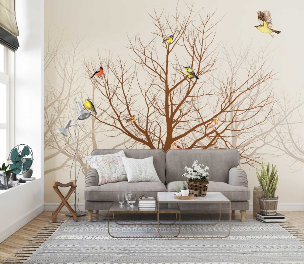 Trees and Birds in Sepia Tones Wallpaper Mural