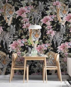 Zebra and Tiger Pattern Floral Wallpaper Mural