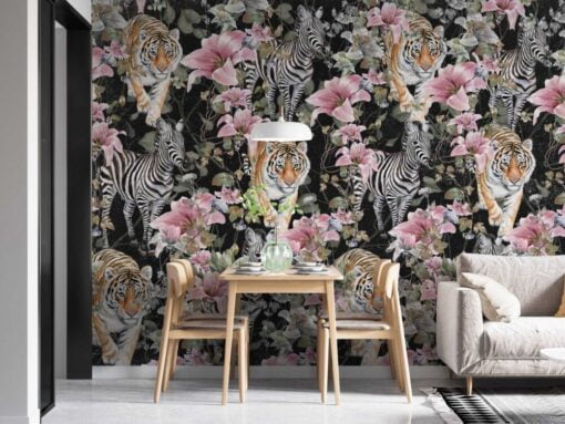 Zebra and Tiger Pattern Floral Wallpaper Mural