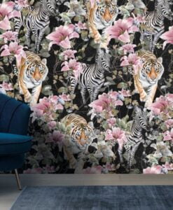 Zebra and Tiger Pattern Floral Wallpaper Mural