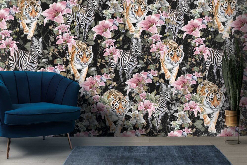 Zebra and Tiger Pattern Floral Wallpaper Mural