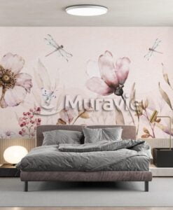 Big Pink Flowers Dragonfly Wallpaper Mural