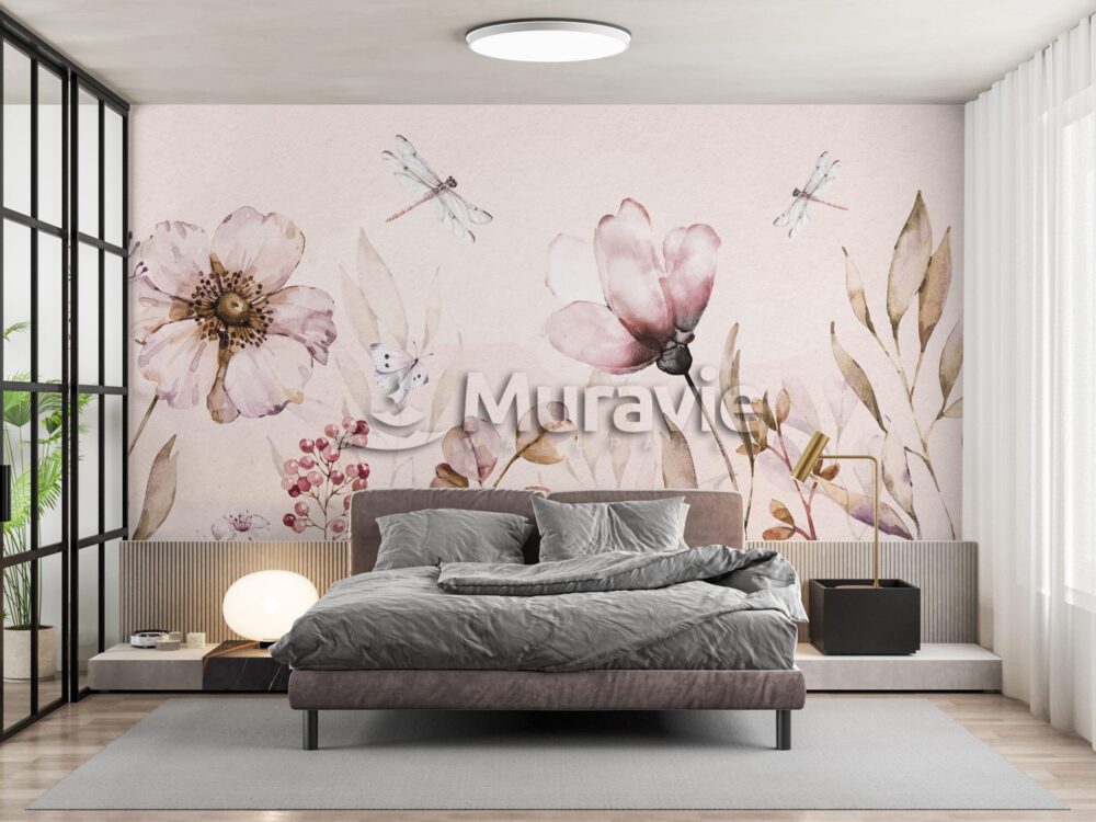 Big Pink Flowers Dragonfly Wallpaper Mural