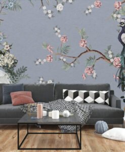 Peacock and Flowers Walpaper Mural