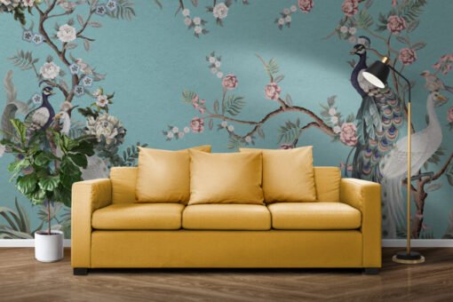 Peacock and Flowers Wallpaper Mural