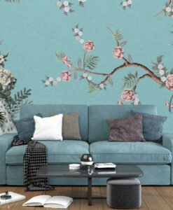 Peacock and Flowers Wallpaper Mural