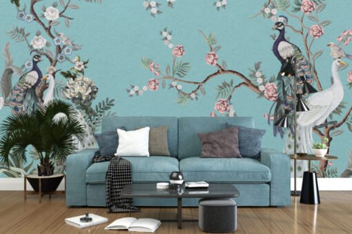 Peacock and Flowers Wallpaper Mural