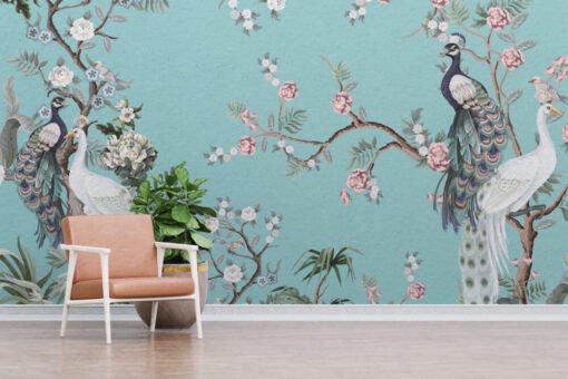 Peacock and Flowers Wallpaper Mural