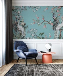 Peacock and Flowers Wallpaper Mural