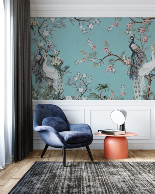 Peacock and Flowers Wallpaper Mural