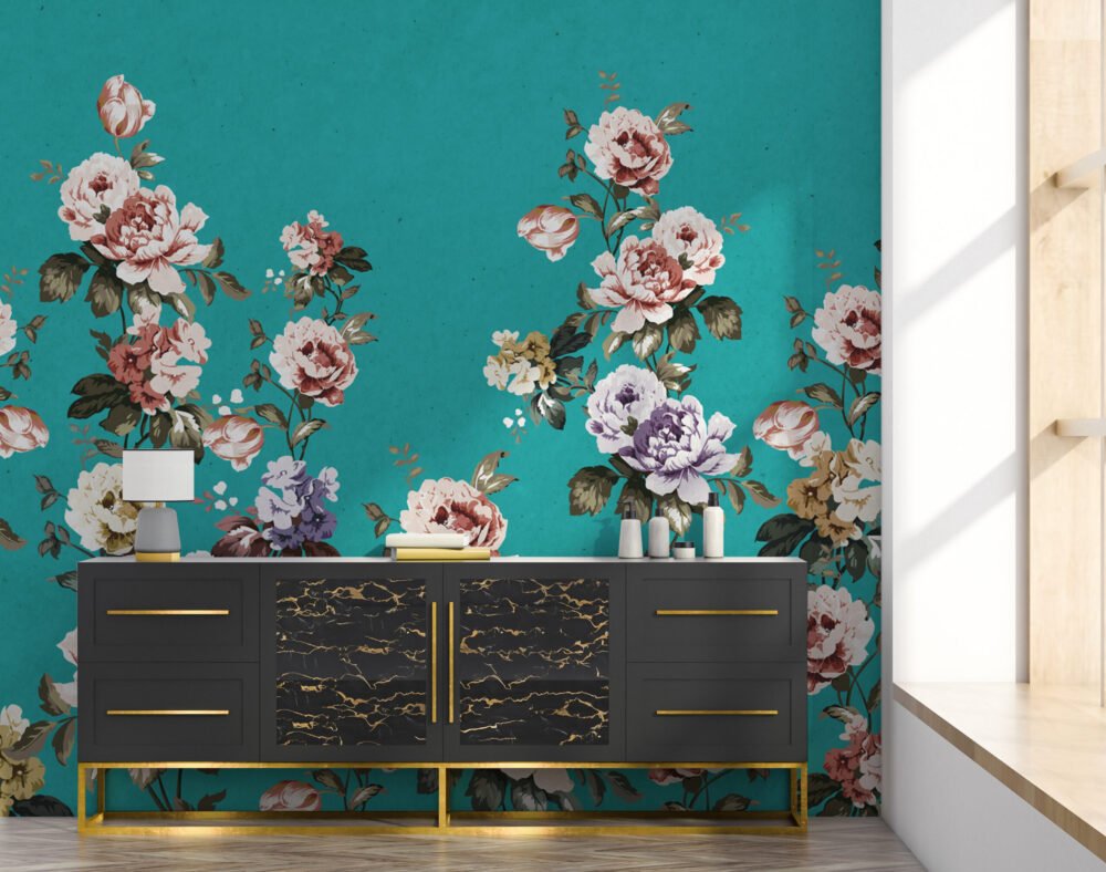 Blue Background Floral Wallpaper Mural