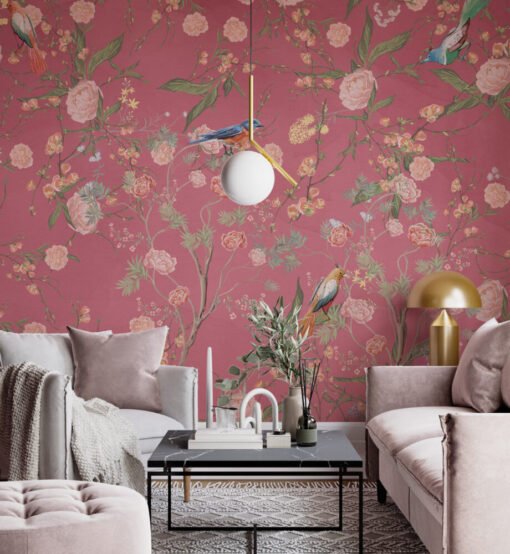 Pink Floral Wallpaper Bird Flowers Wallpaper Mural