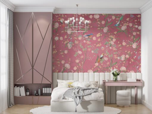Pink Floral Wallpaper Bird Flowers Wallpaper Mural