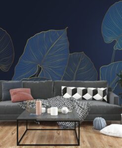 Navy Blue Leaves Peel and Stick Wallpaper Mural