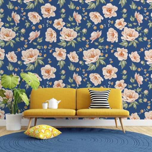 Roses on Blue Wallpaper Mural