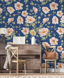 Roses on Blue Wallpaper Mural