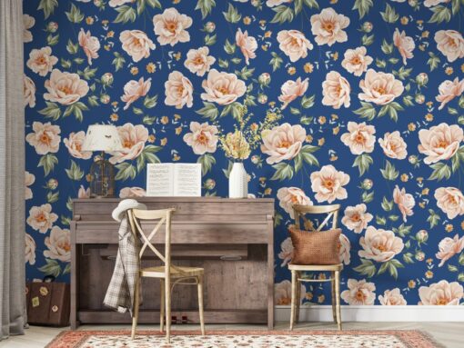 Roses on Blue Wallpaper Mural