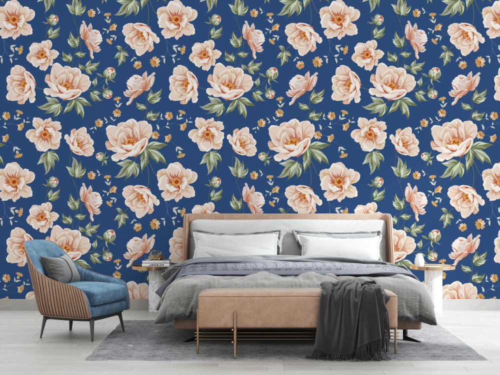 Roses on Blue Wallpaper Mural