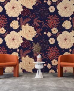 Abstract Roses on Blue Wallpaper Mural