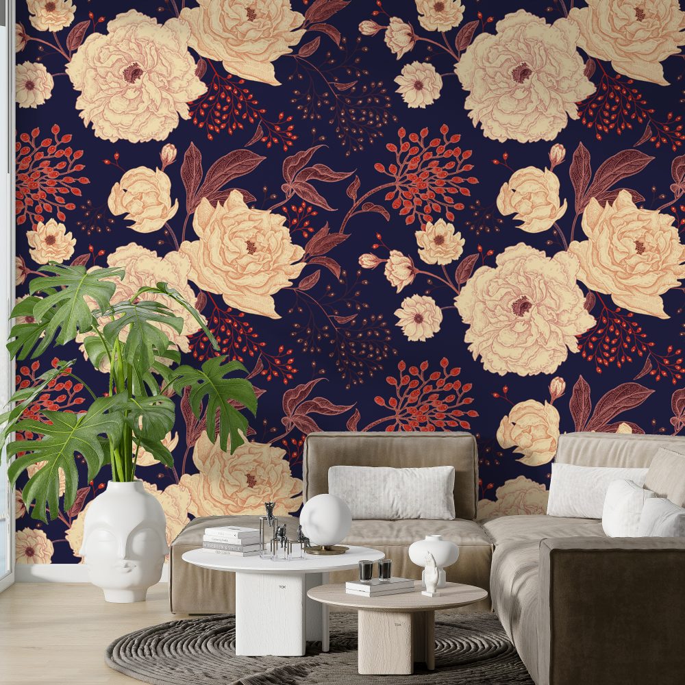 Abstract Roses on Blue Wallpaper Mural