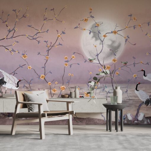 Birds and Moon on the Beach Wallpaper Mural