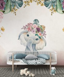 Soft Flowers And Elephant Wallpaper Mural