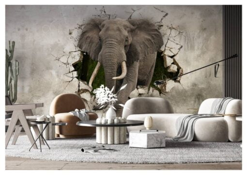 3D Elephant Crashes Into Room Wallpaper Mural