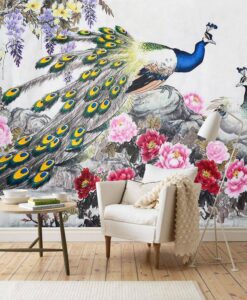 Peacock Birds And Flowers Wallpaper Mural