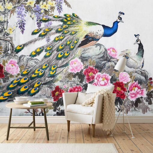 Peacock Birds And Flowers Wallpaper Mural