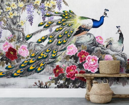 Peacock Birds And Flowers Wallpaper Mural