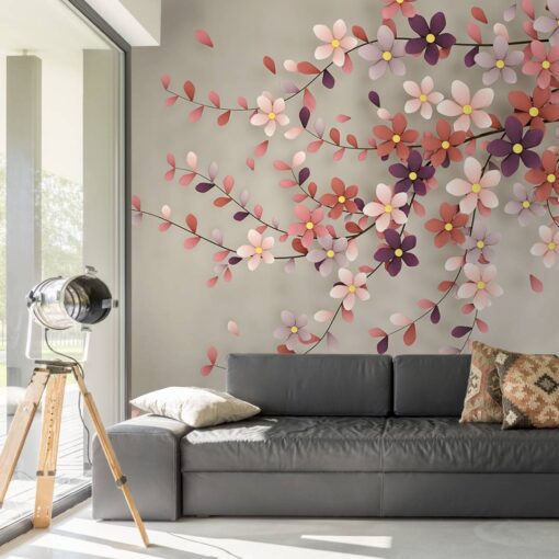 3D Flowers on Branch Wallpaper Mural